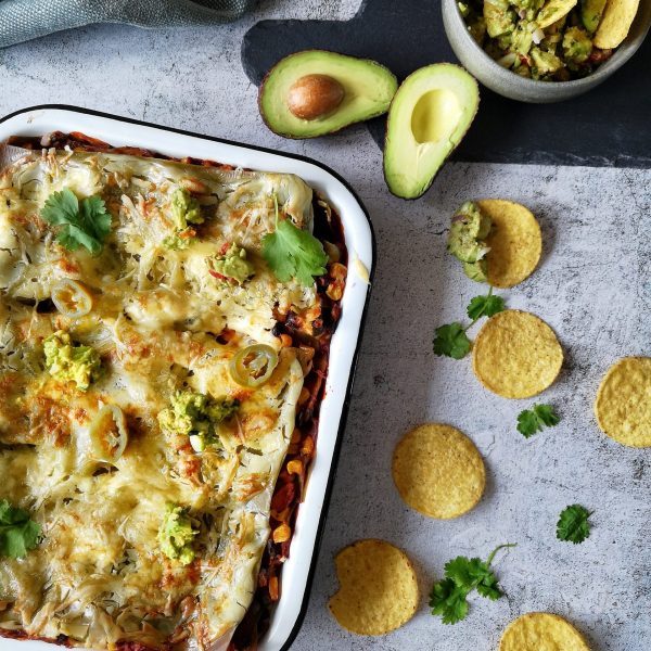 Vegetarische lasagne met bonen en mais