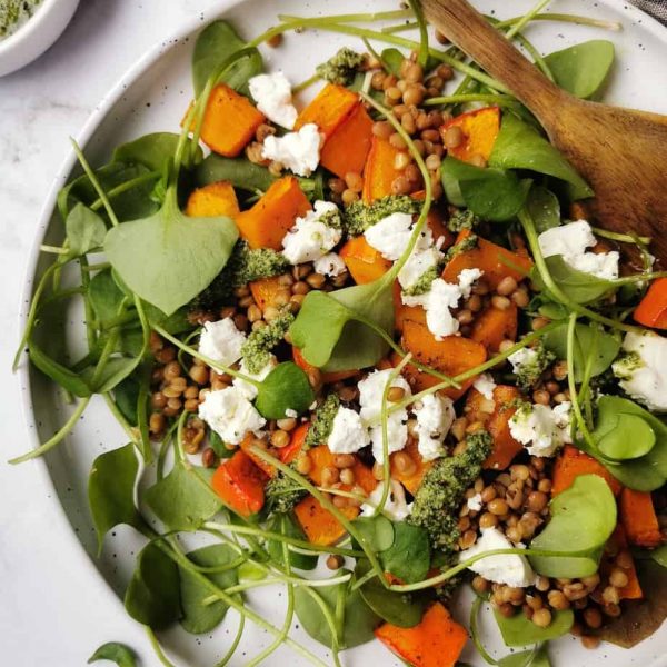 Postelein salade met pompoen, linzen, geitenkaas en pesto