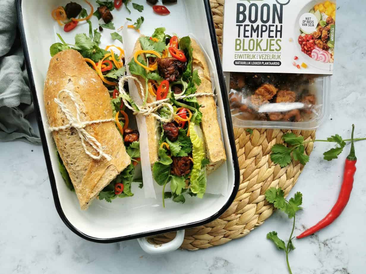 Vietnamese banh mi met tempeh en rauwkost