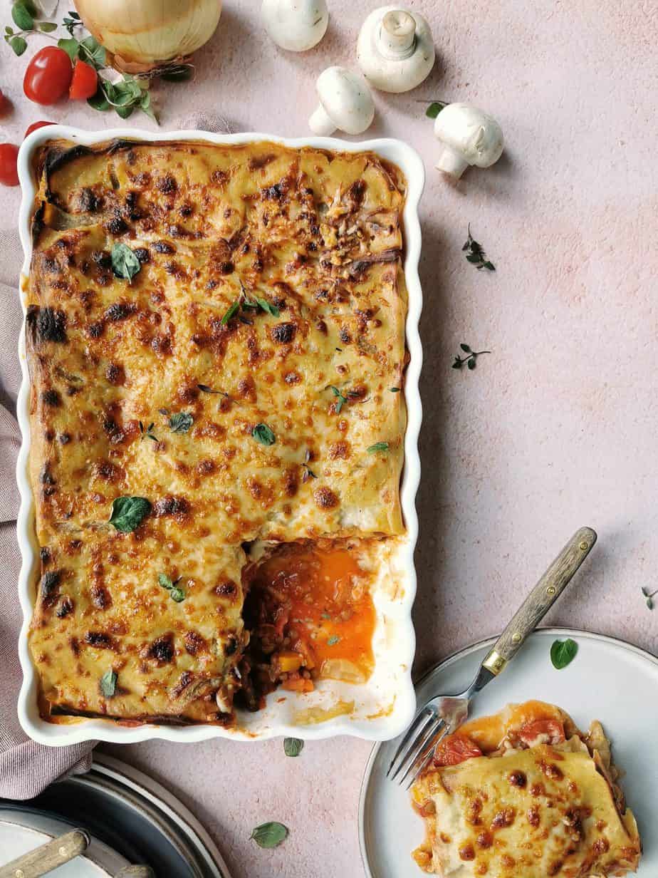 Vegetarische lasagne &amp;#39;Bolognese&amp;#39; met linzen