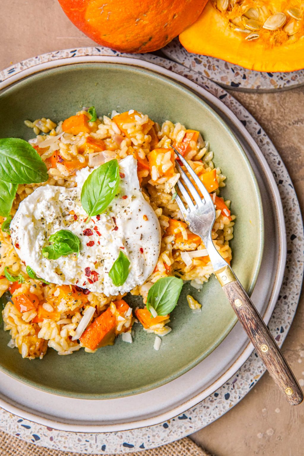 Vegetarische pompoen risotto met burrata