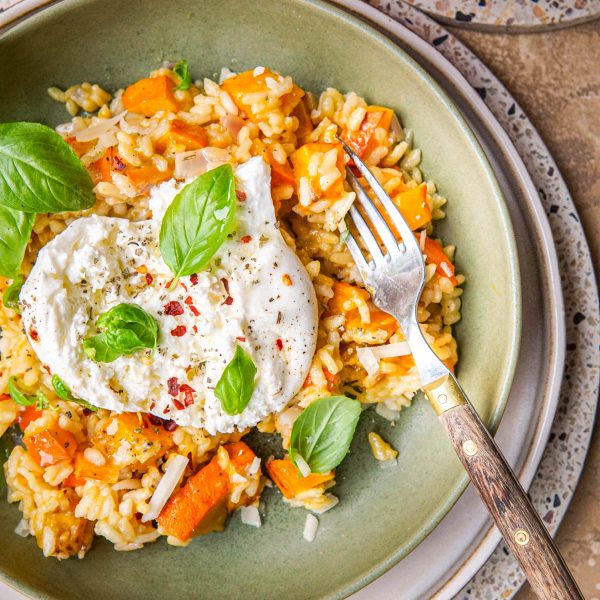 Recept voor vegetarische pompoen risotto met burrata